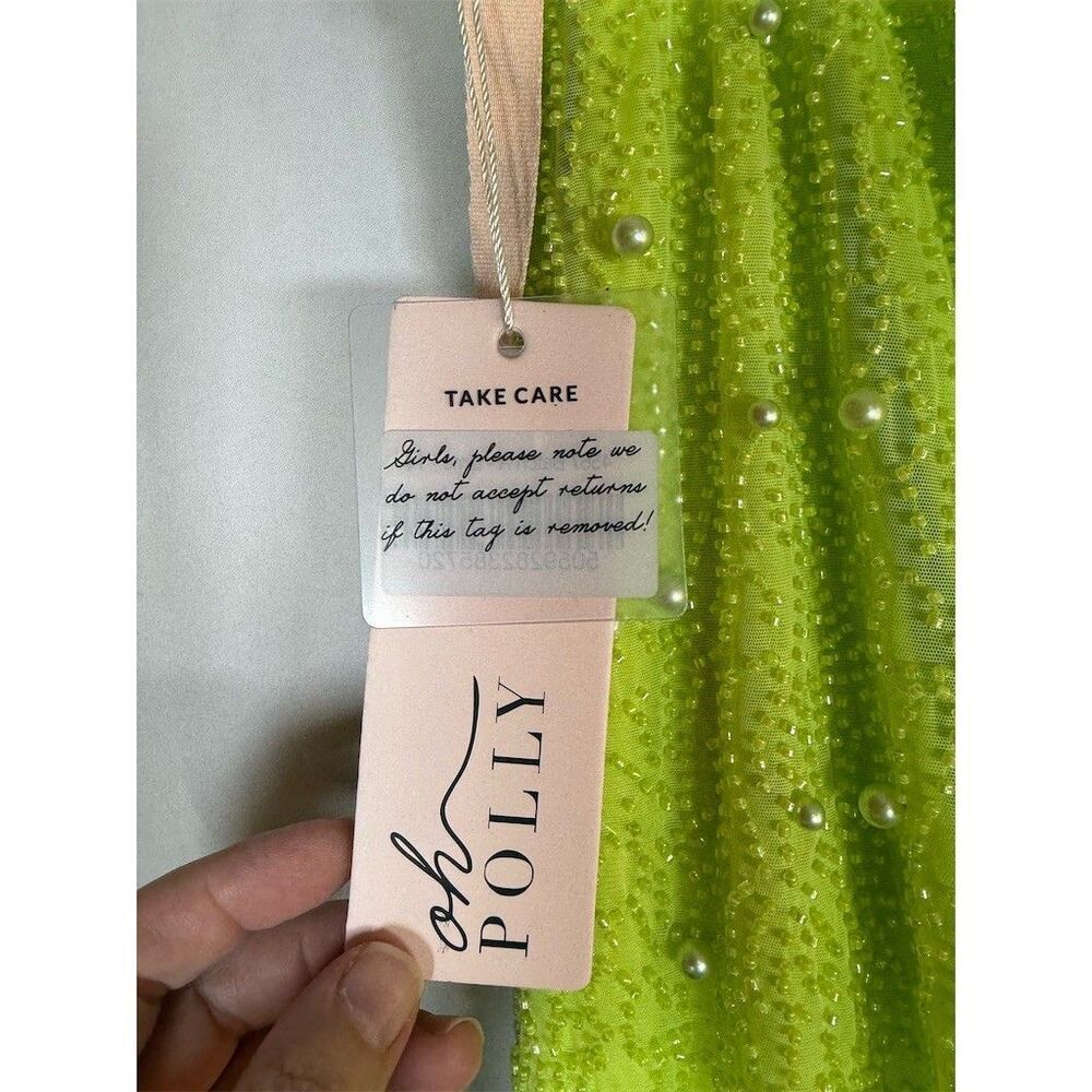Oh Polly Skirt Womens Size 10 Lime Green Pearl Embellished Midi High - Picture 3 of 12